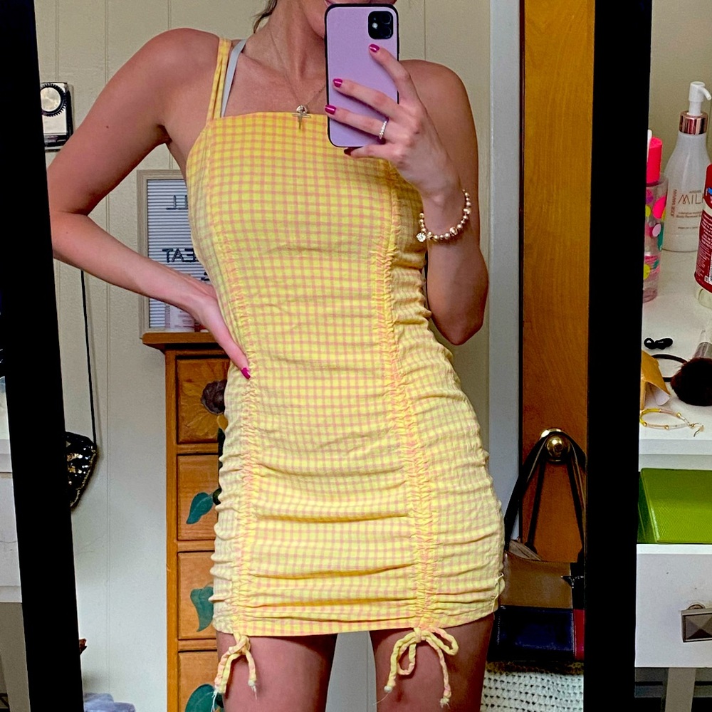 Yellow multi print tied slip-on dress